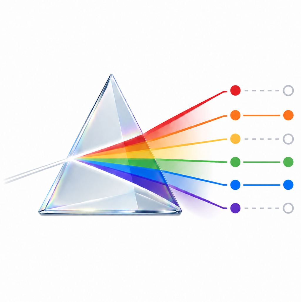 Icon for Prism: a prism separating a white light ray into different colours that form nodes, some of which are filled as if selected